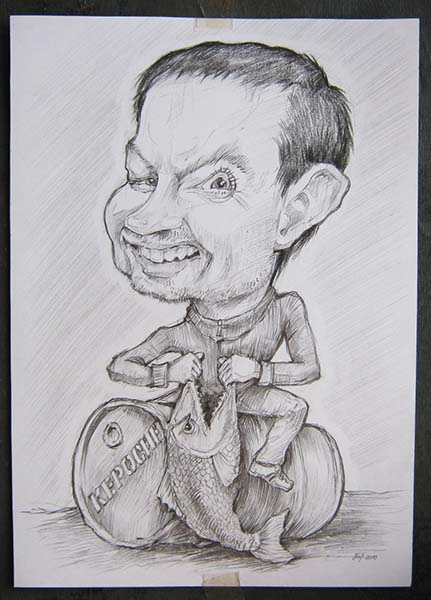 шарж по фото мужчина рвет рыбу от шаржиста Мишеля, Михаила Шабалина Минск