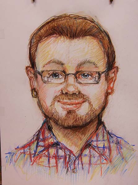 Шаржист на новогодний корпоратив Михаил Шабалин,Минск,Калининград,шарж круглолицего оптимиста в очках