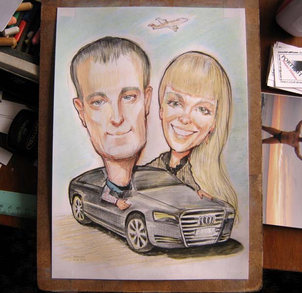 Шарж парень с девушкой в машине